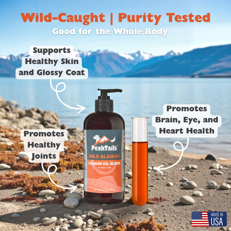 PeakTails Wild Alaskan Fish Oil for Dogs – Omega-3 Blend with Pollock + Salmon Oil – Omega 3, 6, DHA & EPA – Supports Dog Skin & Coat – Natural, Wild Caught – Made in USA – 16 oz 16 Ounce
