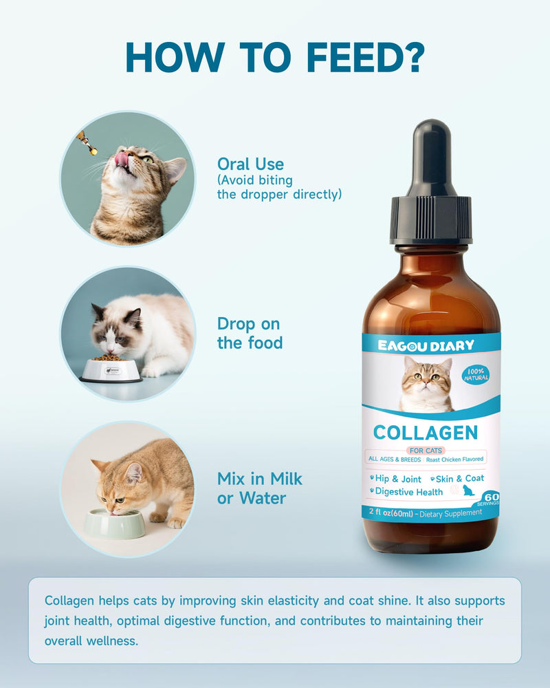 Eagou Diary Senior Collagen for Cats Joint Supplement - MSM, Biotin, Omega-3, Taurine, Glucosamine for Cat, Hip & Joint Supplement for Cats, Digestive & Immunity Support, 60ml Liquid Cat Collagen