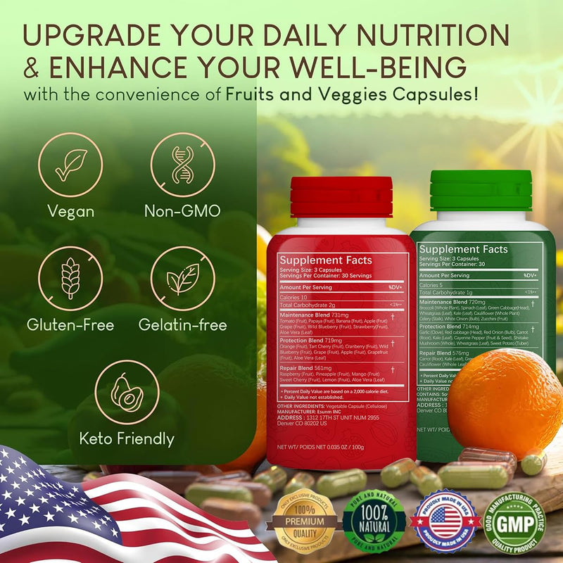 ESUNM Fruits and Veggies Supplement - 90 Fruit and 90 Veggie Capsules - Supports Energy Levels, High Lycopene, Vitamins & Minerals - 90 Count (Pack of 2)