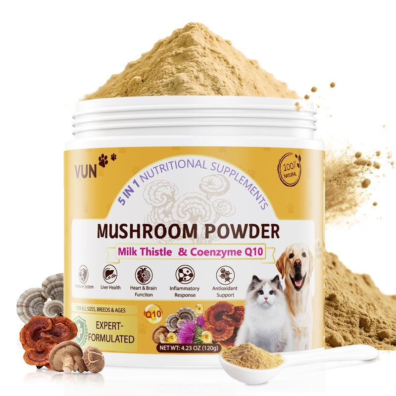 VUN Turkey Tail Mushroom for Dogs, Mushroom Powder for Dogs & Cats Lipoma for Immune,Heart,Liver,Antioxidant Daily Wellness Supplement with Reishi & Shiitake Blend-120g