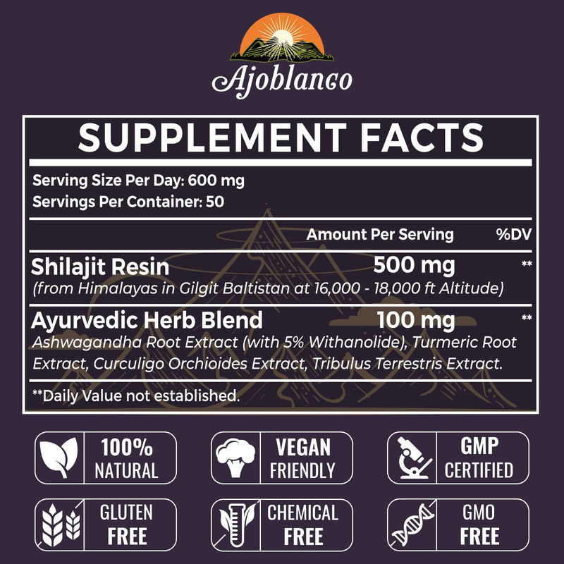 Ajoblanco 600mg Shilajit Pure Himalayan Organic Shilajit Resin - Himalayan Shilajit Resin with Organic Ayurvedic Blend in High Potency for Energy, Strength & Immunity, 30 Grams 1 Ounce (Pack of 1) - BeesActive Australia