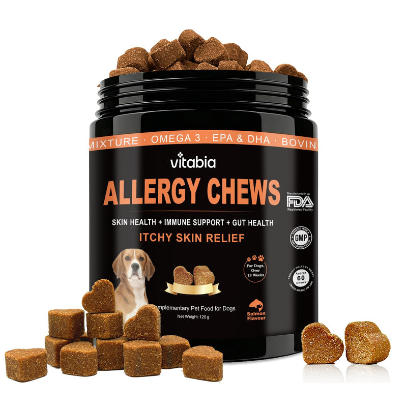Dog Allergy Relief Chews – Anti Itch Skin & Coat Supplement for Dogs with Probiotics, Omega 3, Alaskan Salmon Oil, Bovine Colostrum & Turmeric – Gut Health & Immune Support Soft Chews 60 Dog Chews