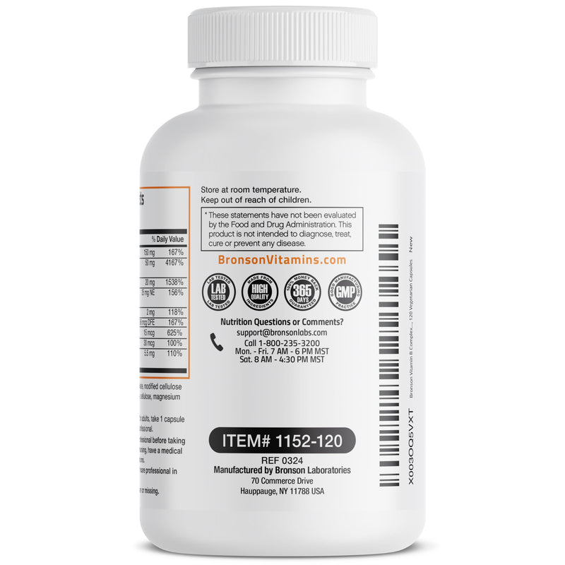 Bronson Vitamin B Complex with Vitamin C Vegetarian Capsules, 120 Count | Immune Health, Energy Support, Nervous System Support, Non-GMO, Soy-Free, Gluten-Free, Contains All B Vitamins Unflavored 120 Count (Pack of 1)