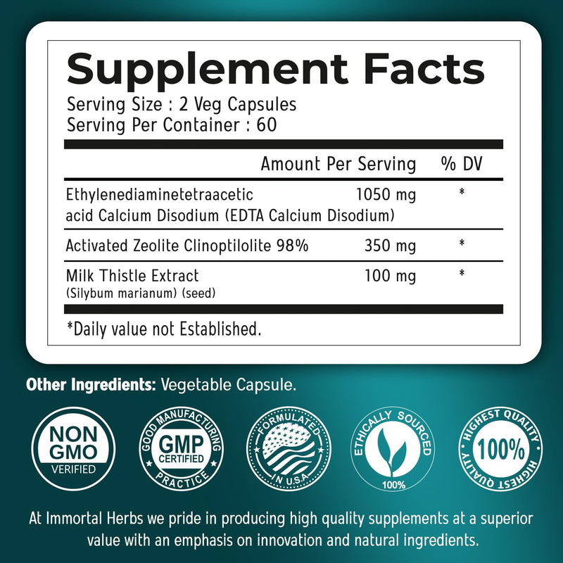 EDTA Capsules 1500mg with Zeolite 98% and Milk Thistle, 120 Pills, Non-GMO & Gluten Free Calcium Disodium EDTA Supplement