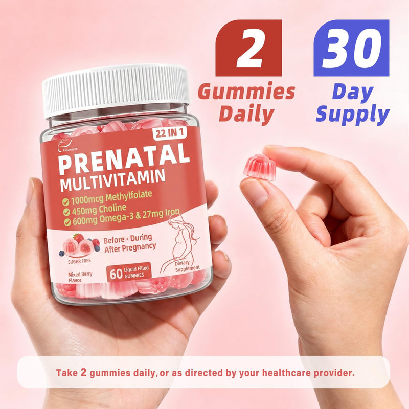 Prenatal Vitamins for Women Gummies w/ DHA Iron Choline Methylfolate, 60Cts | Prenatal Gummies w/ Vegan Omega-3, Multivitamin, Probiotics, Postnatal Vitamin for Women Before, During & After Pregnancy 60 Count (Pack of 1)