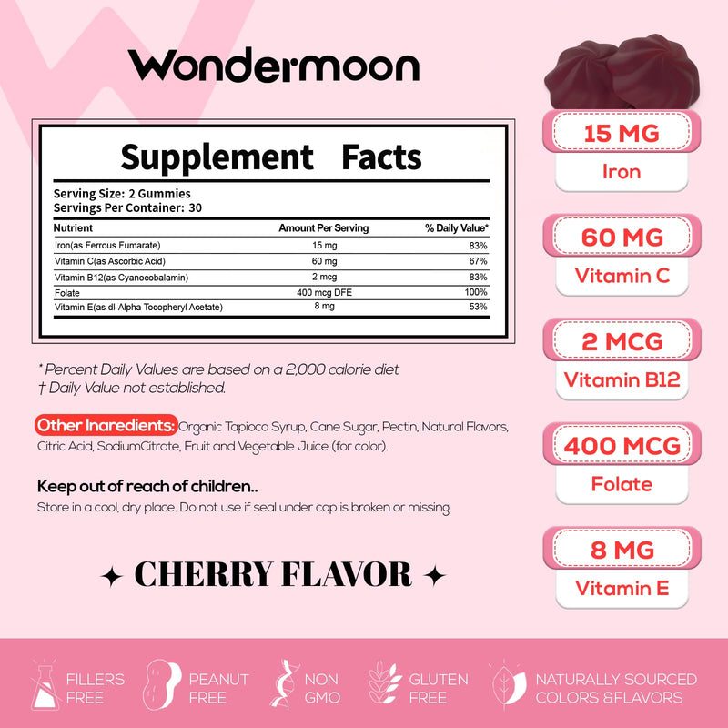 Wondermoon Iron Gummies for Women, Energy Support, Cherry Flavor, 60 Count | Iron Supplement with Vitamin C, B12, E, Folate for Iron Deficiency, Support Iron Levels, Energy & Stamina, Immunity Support