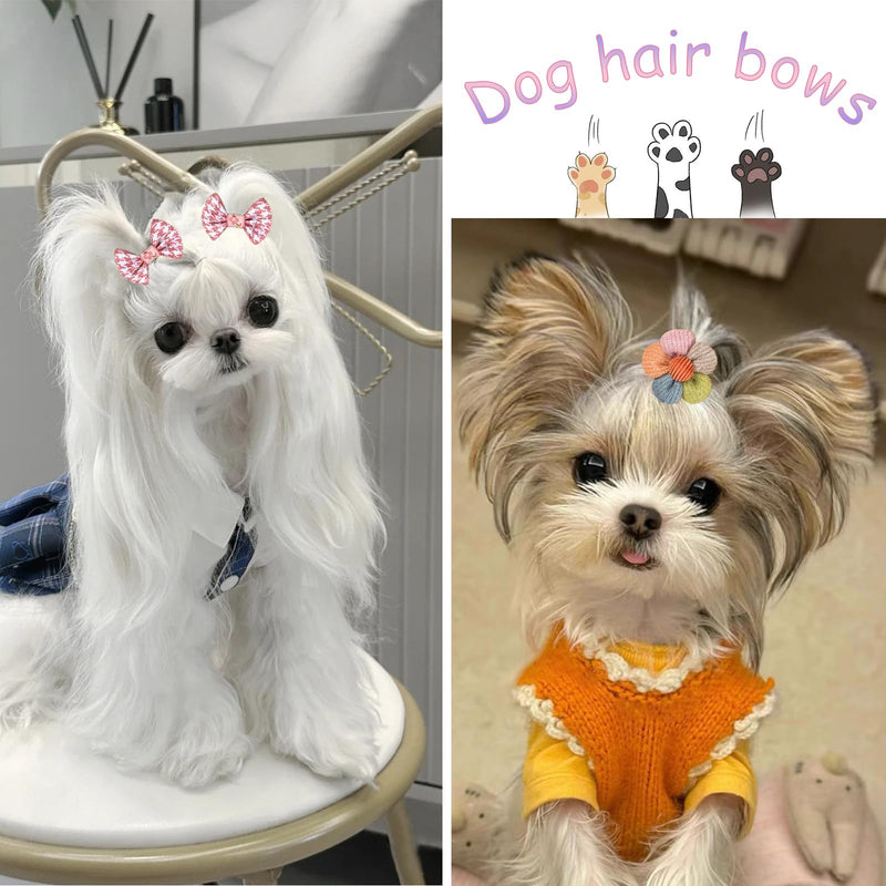 20 Pcs Small Dog Hair Bows with Rubber Bands Handmade Puppy Hair Bows Cute Grooming Flower Ball Bowknot Top Knot Dog Hair Accessories Hair Ties for Yorkie Maltese Pet (Pink) ﻿ Pink - BeesActive Australia