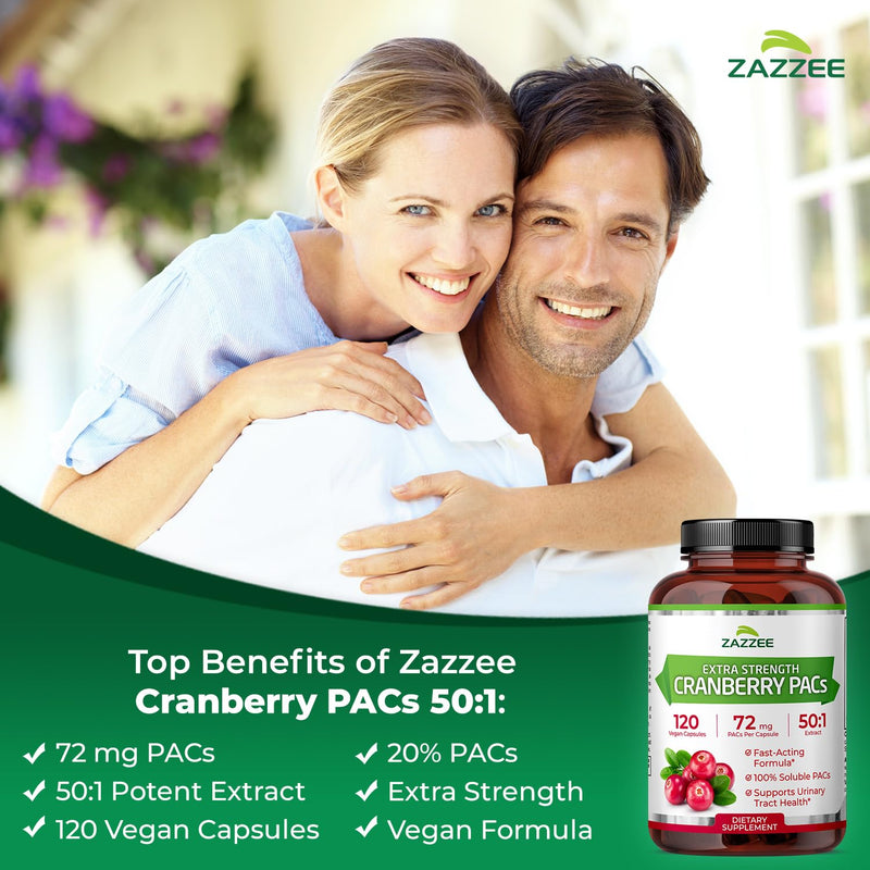 Zazzee Cranberry PACs, 72 mg PACs per Capsule, 2X Strength, 100% Soluble, 120 Vegan Capsules, 50:1 Extract, 18,200 mg Strength, Fast-Acting, Effective Urinary Tract Support, Made in The USA - BeesActive Australia