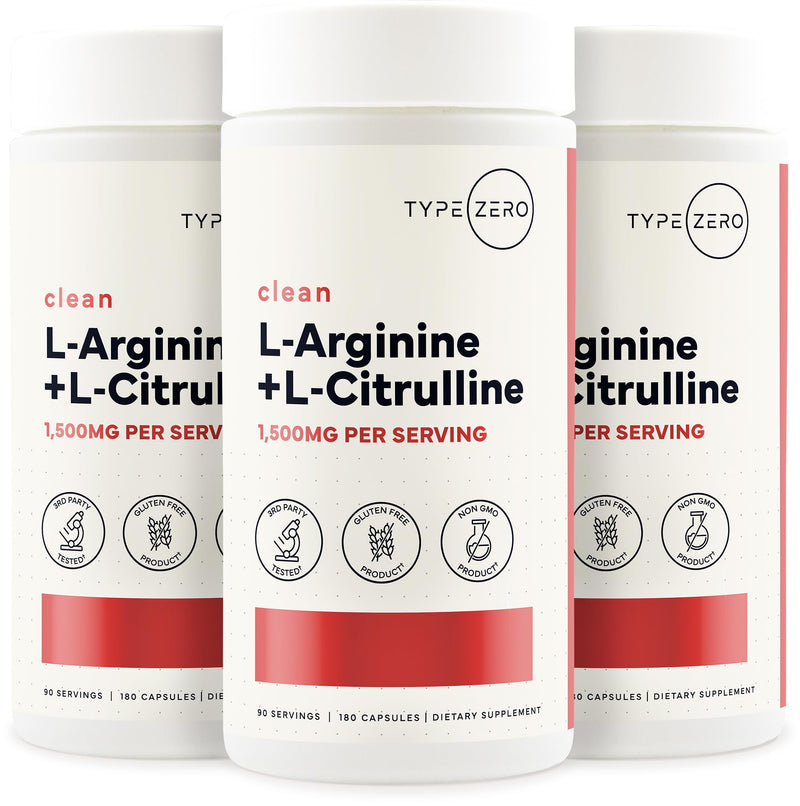 Type Zero L-Arginine + L-Citrulline Supplement (1500mg) 180 Capsules | Nitric Oxide Booster, Clean, Keto-Friendly, GMO-Free, 90 Servings