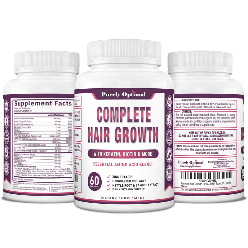 Purely Optimal Hair Growth Vitamins – Supports Thicker, Stronger Hair Growth, Healthy Skin & Nails – Biotin, Collagen, Keratin – Easy-to-Take, Unflavored, 60 Capsules