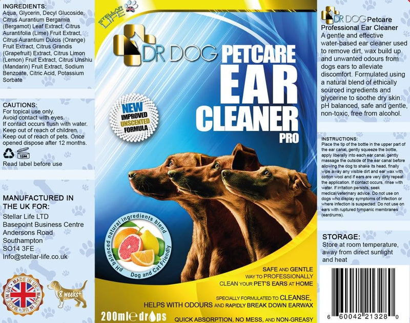 DR DOG Dog Ear Cleaner Drops – Dog Ear Cleaning Solution - Easy Apply Nozzle Canine Ear Cleaner – Ear Wash for Dogs - Help Relieve Itching, Head Shaking, Irritation – Dog Ear Flush Formula – 230ml