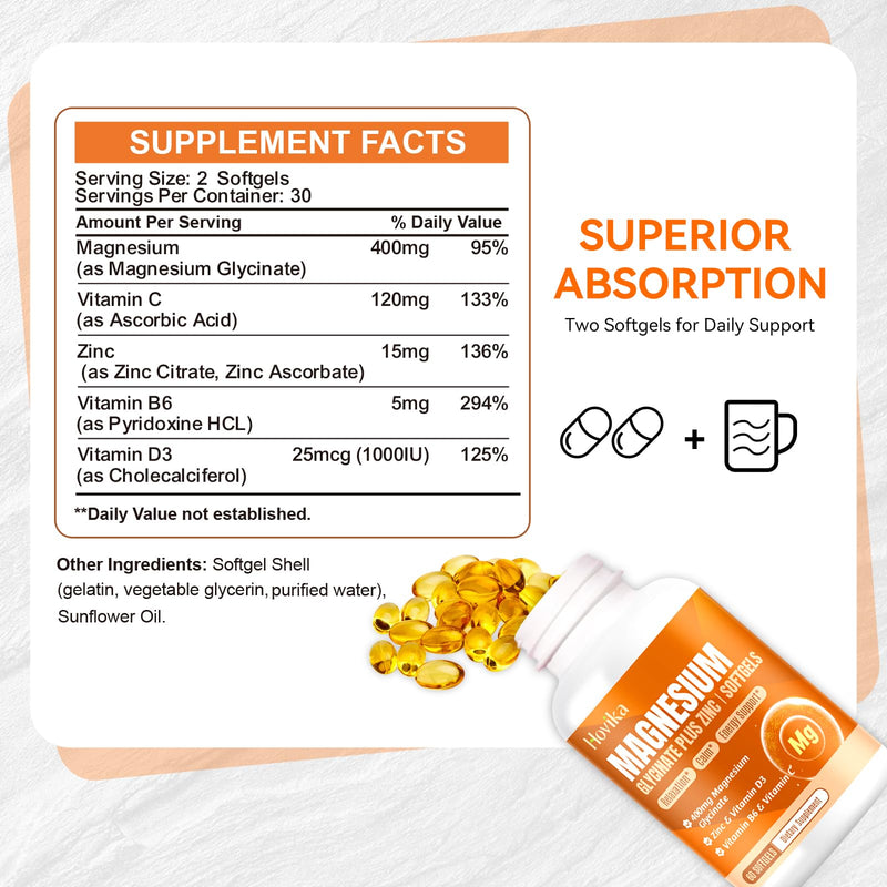 Magnesium Glycinate Supplement Softgels, Magnesium Glycinate 400mg with Zinc, Vitamin B6, C, D3, Pure Magnesium for Sleep, Calm, Muscle & Bone, Energy, Nervous Support - 120 Vegan Softgels 60 Count (Pack of 2)