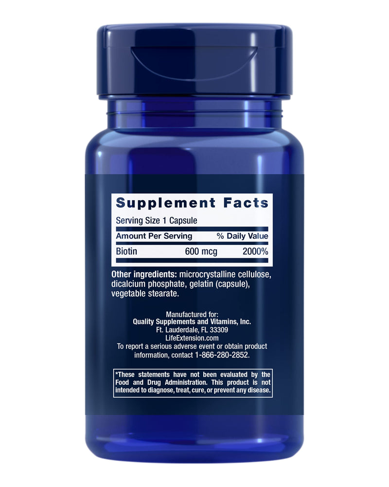 Life Extension Biotin 600 mcg Vitamin B7 Support Supplement for Beautiful Hair, Nails & Beyond – Gluten-Free, Non-GMO - 100 Capsules | Supports Hair, Nail & Skin Health, Non-GMO & Gluten-Free Vitamin B7