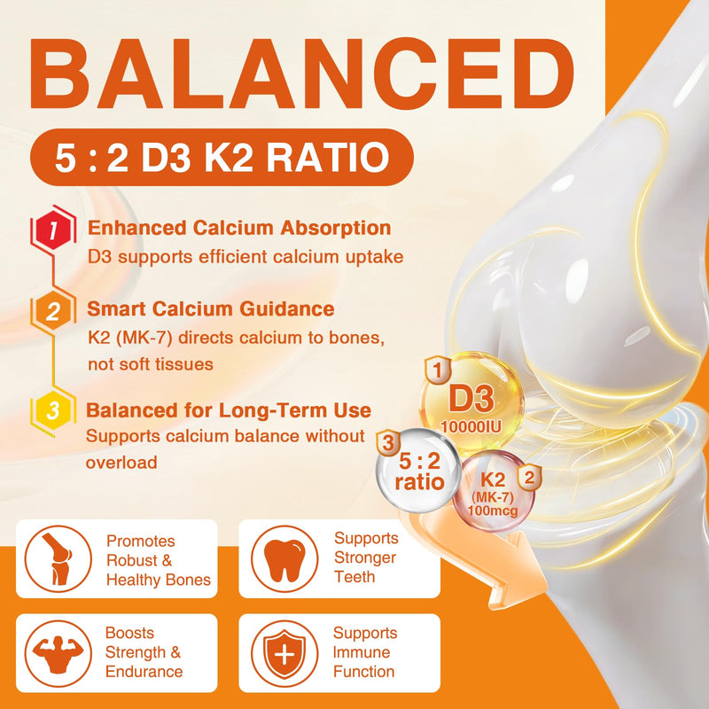 ZEBORA Vitamin D3 K2, 10,000 IU D3 & 100mg K2, 120 Capsules | K2 as MK-7, Supports Heart, Bone, and Immune Health and Antioxidant Defenses, Gluten Free and Non-GMO Formula 120 Count (Pack of 1)