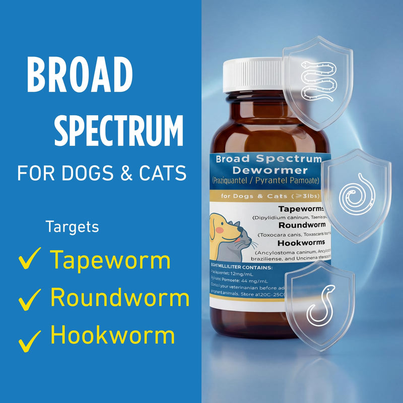 Dewormer for Cats & Dogs Broad Spectrum Praziquantel & Pyrantel Pamoate Liquid Tapeworm, Roundworm & Hookworm Treatment Easy to Dose for Kittens & Puppies 100mL (3.38 fl oz)