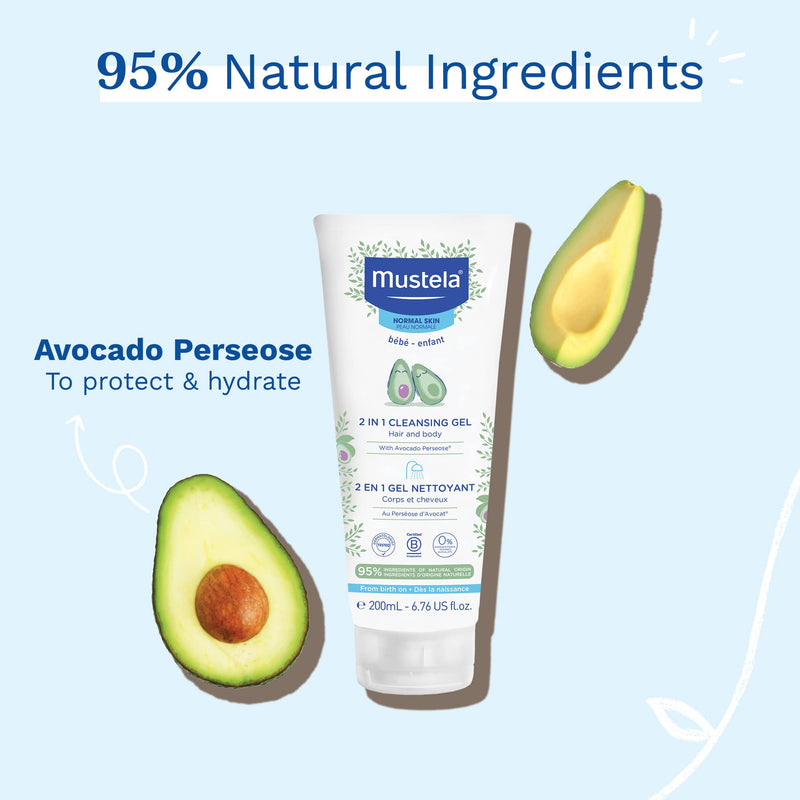 Mustela Baby 2-in-1 Cleansing Gel - Baby Body & Hair Cleanser - with Natural Avocado - Biodegradable Formula & Tear-Free - 6.76 fl. oz. - 1 or 2-Pack New packaging 6.8 Fl Oz (Pack of 1) - BeesActive Australia