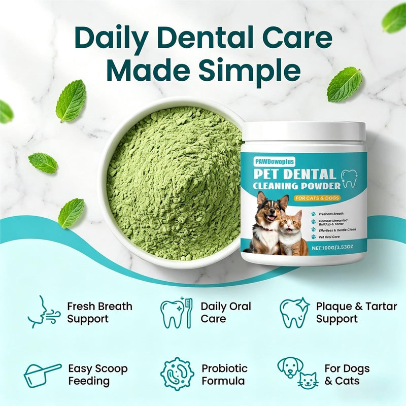 Pet Dental Cleaning Powder for Dogs & Cats – Probiotic Dental Powder for Fresh Breath, Plaque & Tartar Support – Daily Oral Care for Small Medium Large Dogs & Cats