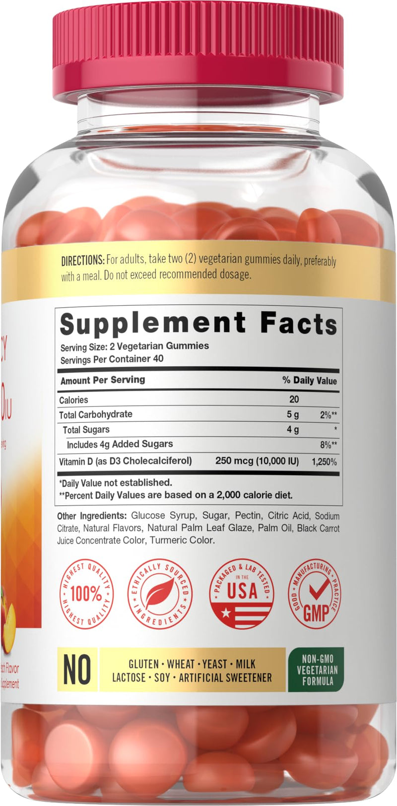 Vitamin D3 10000iu Gummies for Adults | 80 Count | Peach Flavored Gummy | High Potency For Women & Men | Vegetarian, Non-GMO, Gluten Free Supplement 80 Count (Pack of 1)