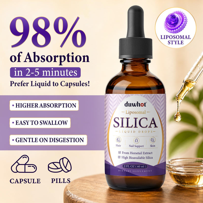 Liposomal Liquid Silica Supplement Drops for Women & Men, 2 Fl Oz | with Biotin, Lysine, L-Proline, MSM, Boron, Vitamin C, Zinc