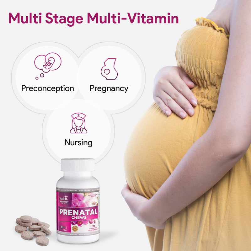 Nutri Supreme Prenatal Vitamin, Chewable Prenatal Vitamins for Women with 800 MCG of Folate, Complete Pregnancy Multivitamin with Iron, Kosher, Cherry Flavor, 90 Count Chewables- 90 Count
