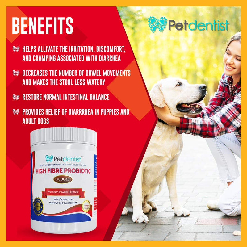 High Fibre Probiotics for Dogs and Cats - Premium Fiber Powder Supplement for Dogs, Anal Glands, Gut Health, CoQ10, Vitamin C for Digestion, Oral Care, Heart Support - 500 Grams