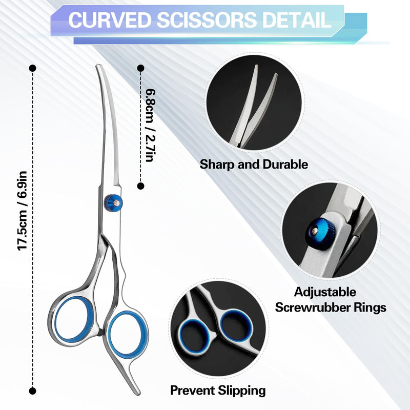 FINEASY Dog Scissors Set, Curved Dog Scissors, Grooming Scissors for Dogs and Cats, Includes Thinning Scissors, Curved Scissors, Grooming Comb, Stainless Steel Grooming Scissors for Dogs and Cats (Blue) - BeesActive Australia