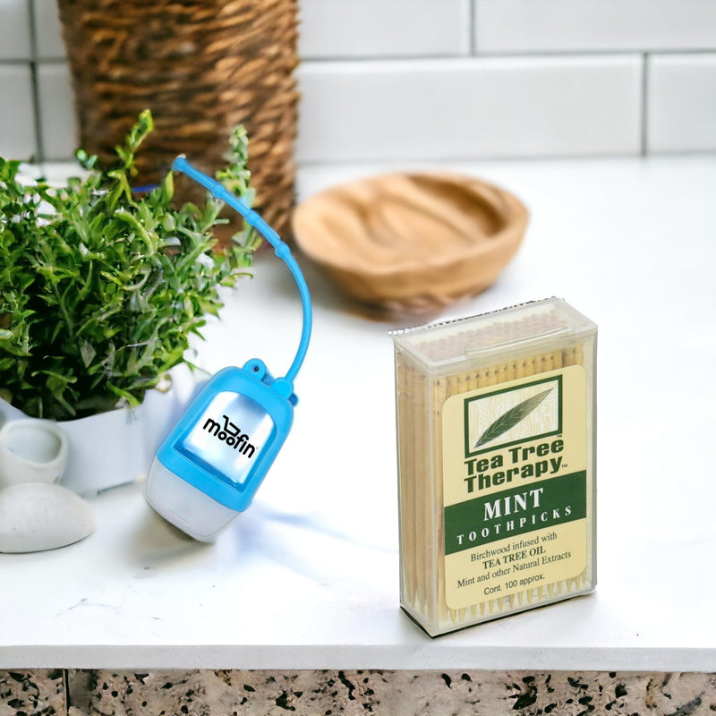 Tëä Trëë Thëräpy Mint Toothpicks 0.16 oz 100 Count, Tea Tree Oil Toothpicks with Moofin Hand Sanitizer Dispenser, Fresh Breath, Ideal for On The Go Use, Mint Flavored Toothpicks (Pack of 4) - BeesActive Australia