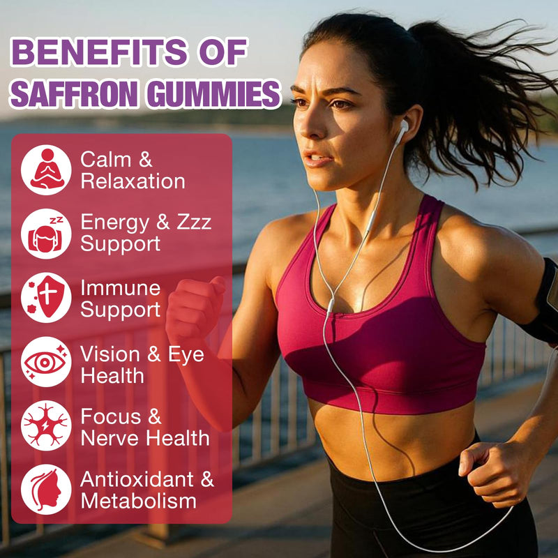 2 Pack Saffron Gummies, 10-in-1 Saffron Supplement, Contains 88.5 mg of Saffron Extract, Mood & Sleep Support, Sugar-Free, Strawberry Flavor, 120 Count
