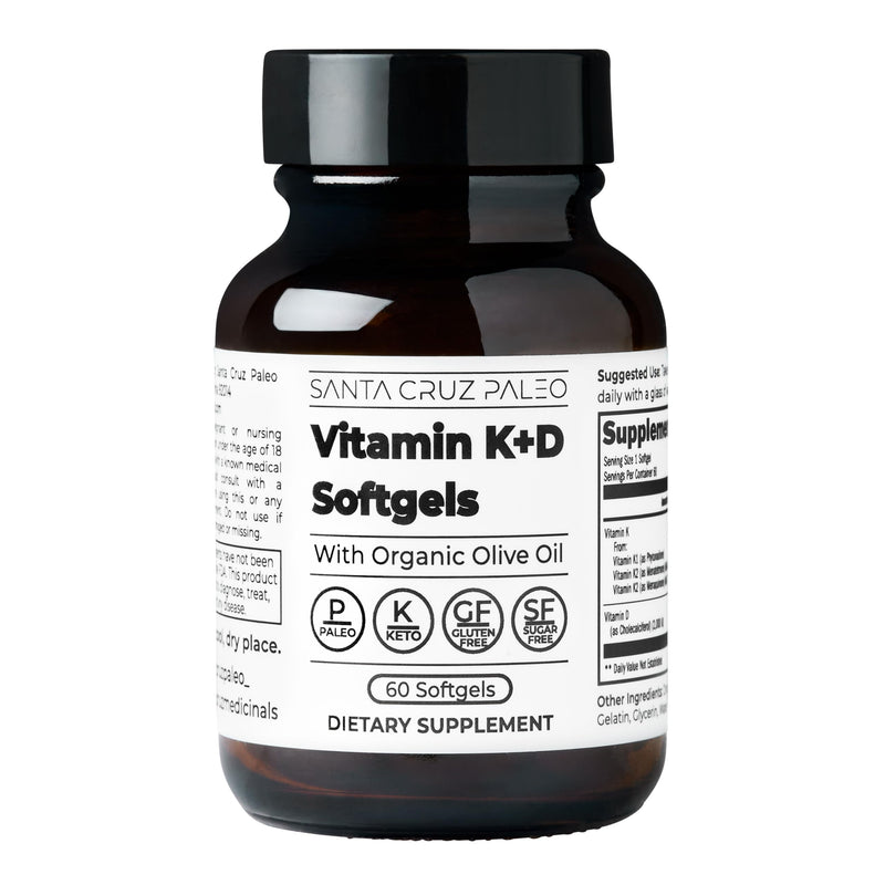 Santa Cruz Paleo Vitamin K2 + D3 Softgels, Daily Supplement with Organic Olive Oil, Includes Vitamin K1 & Two Forms of K2, Supports Heart & Bone Health, Gluten Free, Sugar Free, Paleo, Keto, 60 Count Vitamin K2 + D3 60ct