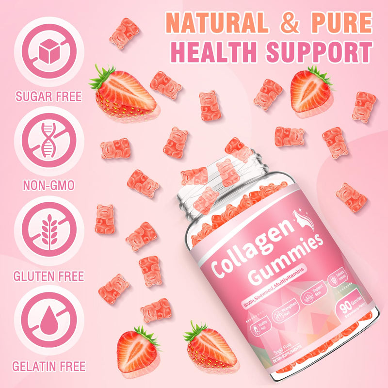180 Count Collagen Gummies Collagen Protein Type I II III V X with Biotin Vitamin C A B D E Keratin Hyaluronic Acid for Hair Skin Nails Joint Immune Digestion Women Men Sugar Free Strawberry 90 Count (Pack of 2)