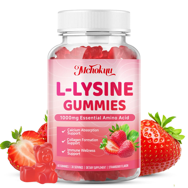 L-Lysine 1000mg Gummies, Chewable Lysine Supplement for Adults & Kids Immune Support, Essential Amino Acid, Vegetarian, Non-GMO, Sugar-Free, Gluten Free, Strawberry Flavor, 120 Counts 60 Count (Pack of 2)