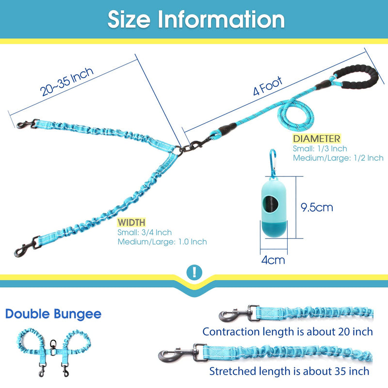 BAAPET Double Dog Leash, 4 FT Rope Dog Leash with Tangle Free Shock Absorbing Bungee and Poop Bags for Dual Small Medium Large Dogs (Medium/Large, Blue) Medium/Large (25~150 lbs.) - BeesActive Australia