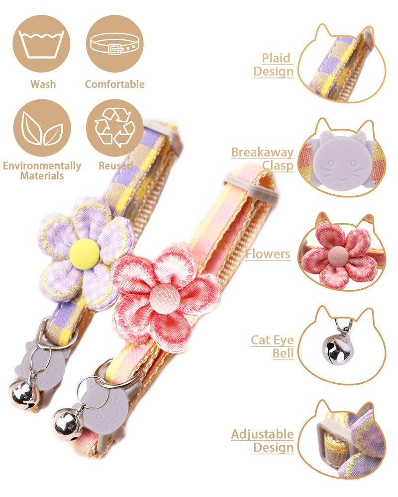 Plaid Kitten Collar with Flower，Cat Collar Breakaway with Bell，Cat Collars for Girl Cats，Adjustable 7 to 12.6 inches for Small and Medium Pets (Pink & Purple) Pink & Purple - BeesActive Australia