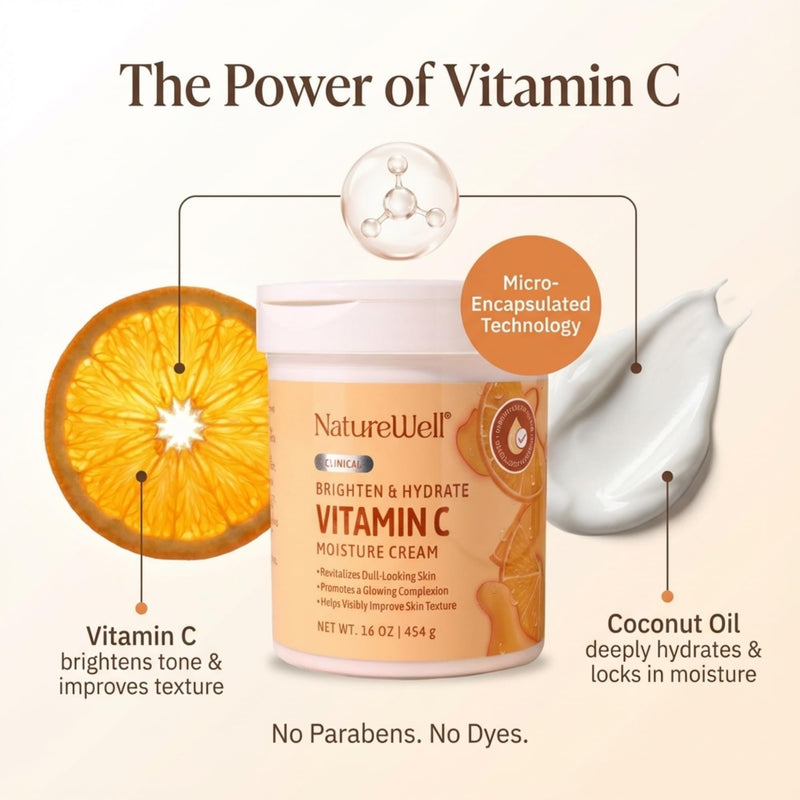 NatureWell Clinical Vitamin C Brighten & Hydrate Moisturizing Body Cream | Hydrating Face & Body Lotion with Coconut Oil, Helps Improve Uneven Skin Tone & Dark Spots, Anti-Aging Moisturizer 10 Ounce (Pack of 1)