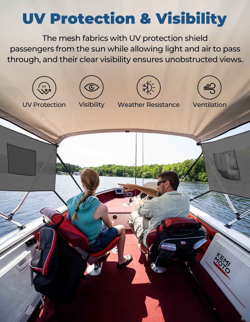 KEMIMOTO Detachable Mesh Sidewalls Universal for 3 Bow Bimini Tops, with Large Pockets for Fishing Gear, Includes 2 Straps(Bimini Tops Not Included) - BeesActive Australia
