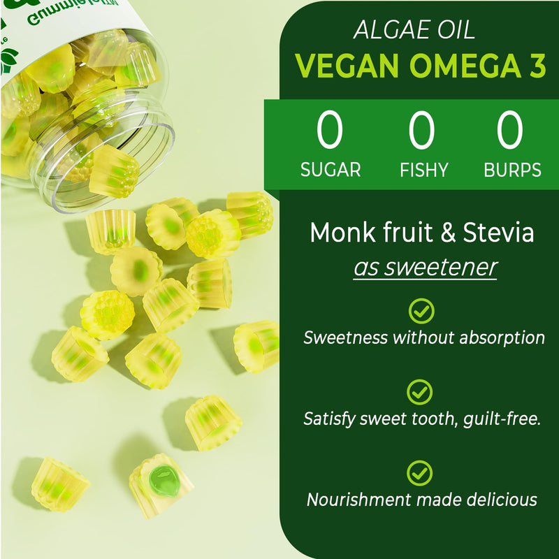 Omega 3 Gummies 2200mg from Algae Oil (DHA 640mg & EPA 290mg) for Women & Men, Vegan Omega 3 Fish Oil Alternative, w/CoQ10, Astaxanthin, Vitamin A, E, D3 for Brain, Eye, Antioxidant, Sugar Free, 1Pack 60 Count (Pack of 1)