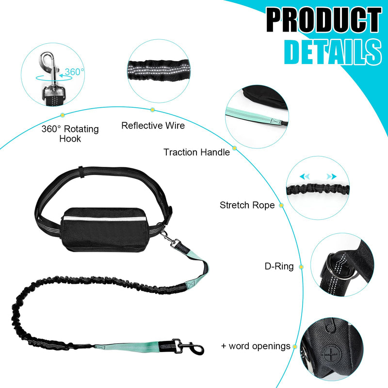 Hands Free Dog Leash with Zipper Pouch, Reflective Retractable Bungee with Double Padded Handles, Adjustable Dog Waist Leash for Running Walking Hiking Jogging Biking(Large, 25-120 lbs) - BeesActive Australia