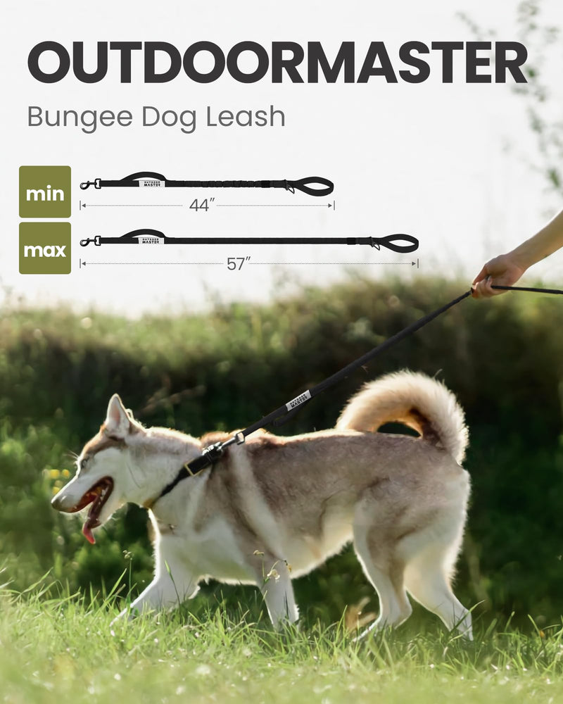 OutdoorMaster Bungee Dog Leash, Heavy Duty Dog Leash with Shock Absorption, 2 Padded Handles Training Leash, Improved Dog Safety and Comfort - Black Upgraded, 4 FT Max: 4'9"(Upgraded)