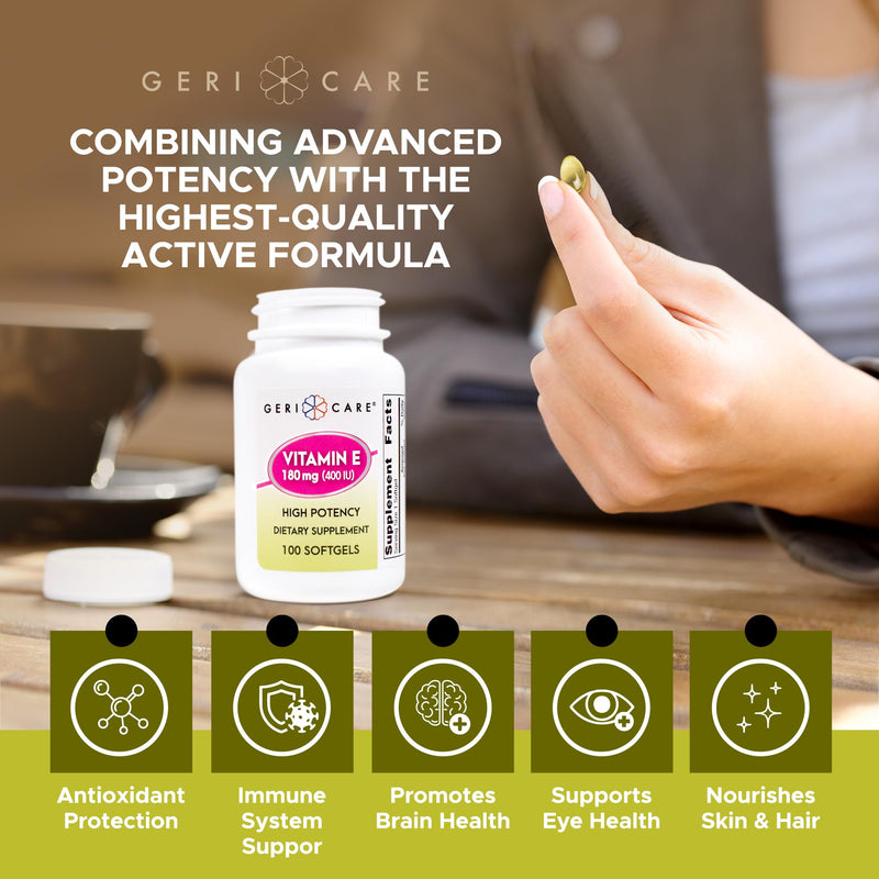 GeriCare High-Potency Vitamin E Capsules – 400 IU for Skin & Immune Support, 180mg | 100 Count | Organic Vitamin E for Women and Men 100 Count (Pack of 1) Softgel - 180mg