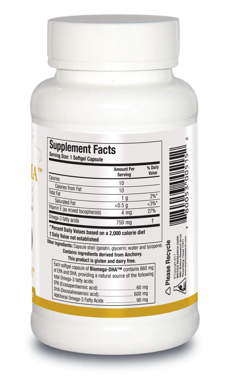 BIOTICS RESEARCH Biomega DHA Fish Oil, 600 mg DHA, Supports Learning and Memory, Fetal Brain Vitamins, 90 Softgel Capsules