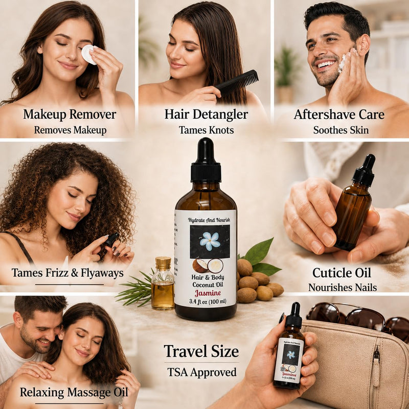 Jasmine Hair & Skin Coconut Oil - Hydrating Coconut & Sweet Almond Oil Blend with Rosemary & Vitamin E, Moisturizing Body Oil for Soft, Glowing Skin & Shiny Hair - 3.4 fl oz Jasmine 3.4 Fl Oz (Pack of 1)