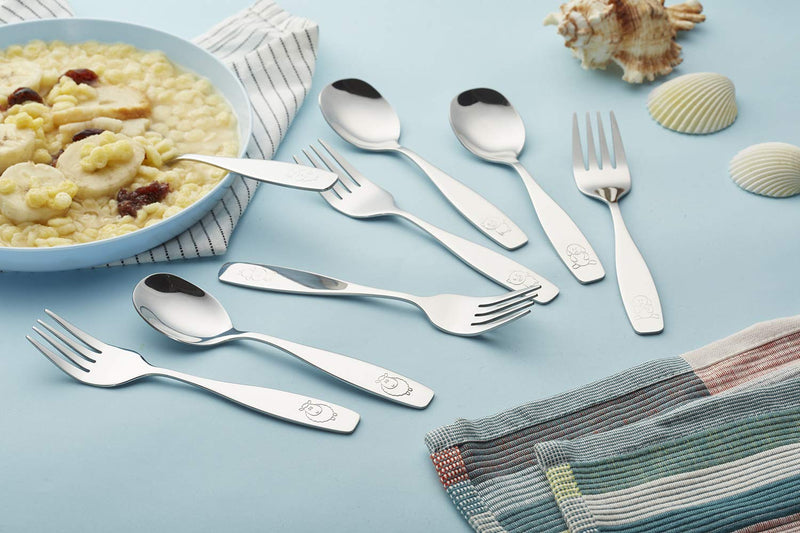 ANNOVA Kids Silverware 6 Pieces Children's Safe Flatware Set Stainless Steel - 3 x Forks, 3 x Children Dinner Spoons, Toddler Utensils, Metal Cutlery Set for LunchBox (Engraved Dog Bunny) WF850-S6FS - BeesActive Australia