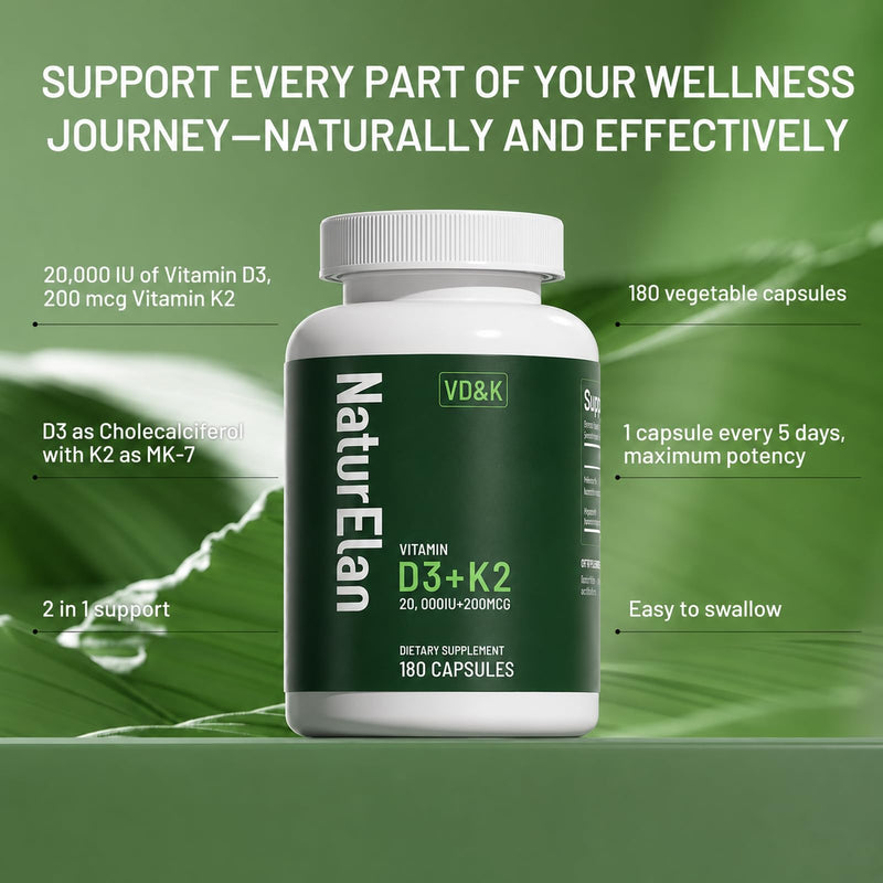 NaturElan Vitamin D3 K2-20,000 IU D3 + 200mcg K2(MK-7), 180 Capsules | Supports Bone, Immune, Heart & Teeth Health, Non-GMO,Vegan, Third-Party Tested, Gluten Free, K2 D3 Vitamin for Men & Women 20,000 IU