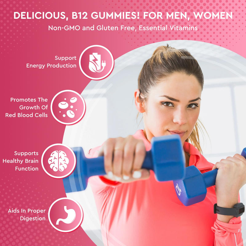 Vitamin B12 Gummies - 5000 mcg Methylcobalamin with Iron, Vitamin C, D3 & Folate, Energy Support and Metabolism, Immune, B-12 Complex Chewable Supplement for Men & Women,Strawberry Flavor Strawberry 60 Count (Pack of 1)