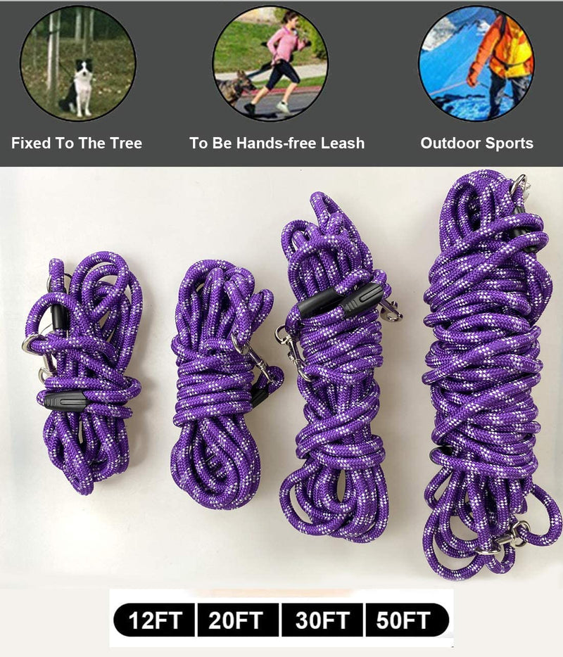 Long Rope Dog Leash for Dog Training 12FT 20FT 30FT 50FT, Reflective Threads Dog Leashes Tie-Out Check Cord Recall Training Agility Lead for Large Medium Small Dogs (Purple, 10mm*20ft) Purple - BeesActive Australia