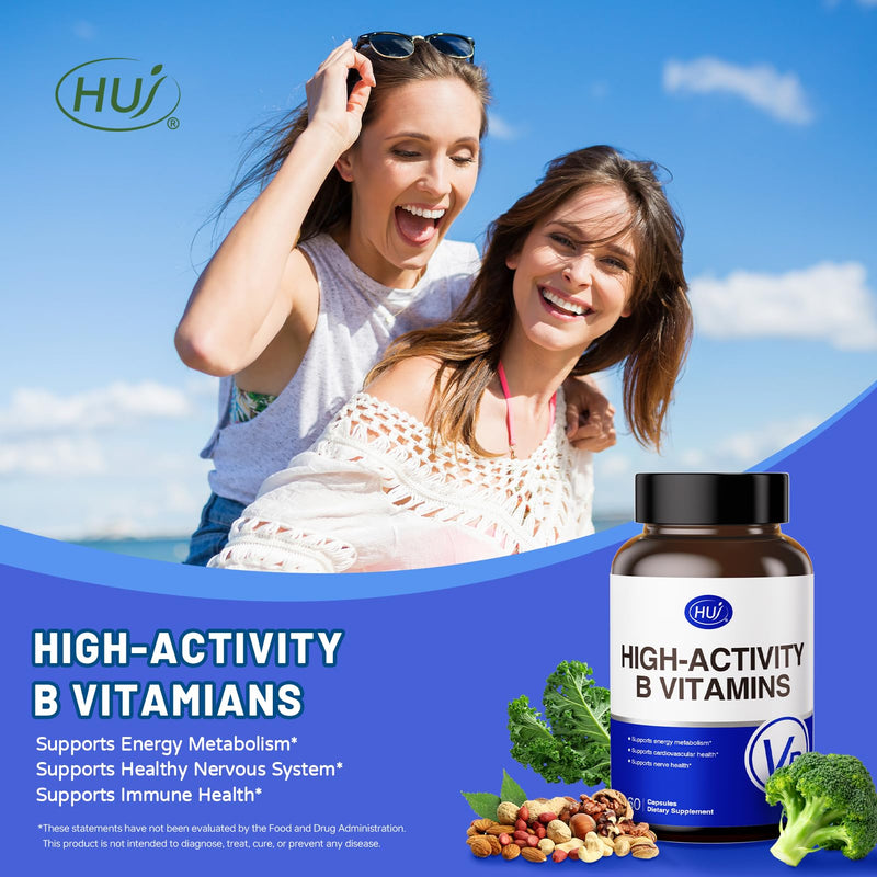 HUJ High-Activity B Vitamins - Supports Normal Energy Metabolism & Nerve System Health - Supplement with 8 B Vitamins, Inositol and D-Chiro Inositol - 60 Capsules.