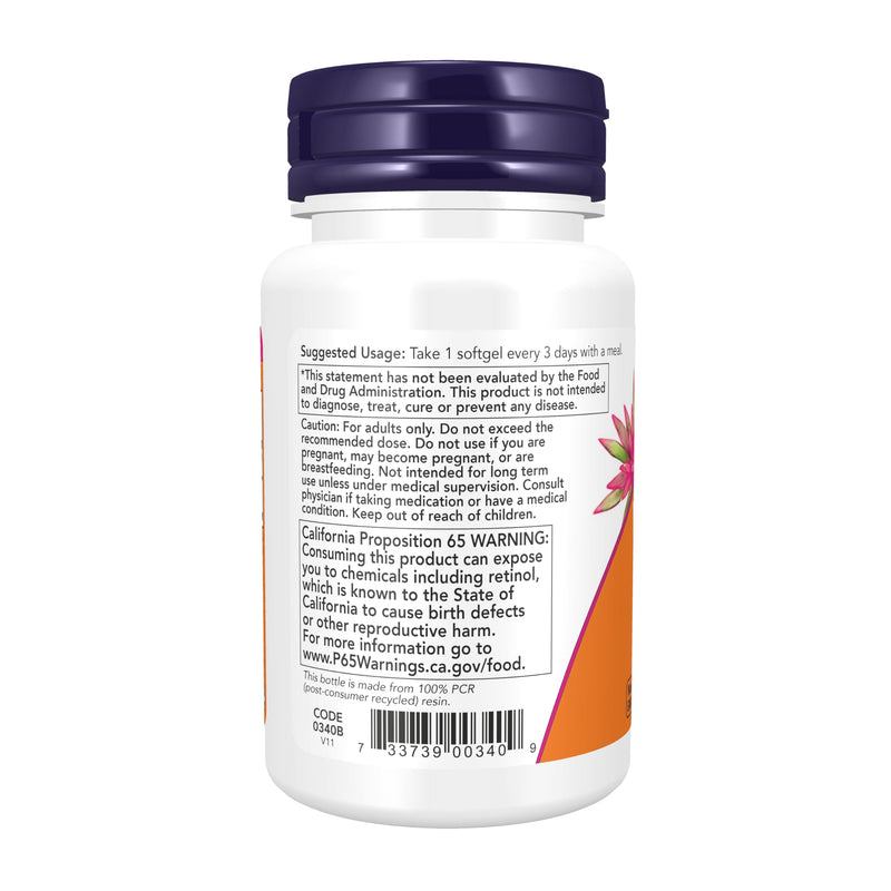 NOW Supplements, Vitamin A (Fish Liver Oil) 25,000 IU, Essential Nutrition, 100 Softgels 100 Count (Pack of 1)