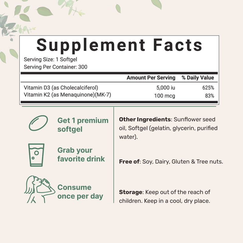 Micro Ingredients Vitamin D3 5,000 IU + K2 MK-7 100 mcg, 2 Pack (600 Softgels) | Liquid-Filled with Sunflower Oil | 2-in-1 Vitamins D & K Complex | Extra Strength, Easy to Swallow, Non-GMO, No Gluten 300 Count (Pack of 2)