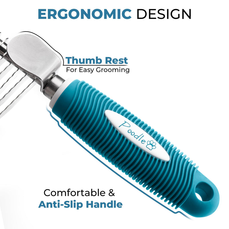 Poodle Pet Dematting Fur Rake Comb Brush Tool - Dog and Cat Comb with Long 2.5 Inches Steel Safety Blades for Detangling Matted or Knotted Undercoat Hair (Blue, Dematting Comb) Blue - BeesActive Australia