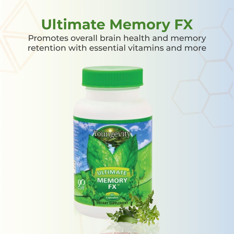 Youngevity Ultimate Memory FX Brain Health and Memory Support, 60 Capsules | Ginkgo leaf, periwinkle herb, vitamins B1, B2, B6, B12 and C, brain function, memory retention, cognitive health, 60 capsules